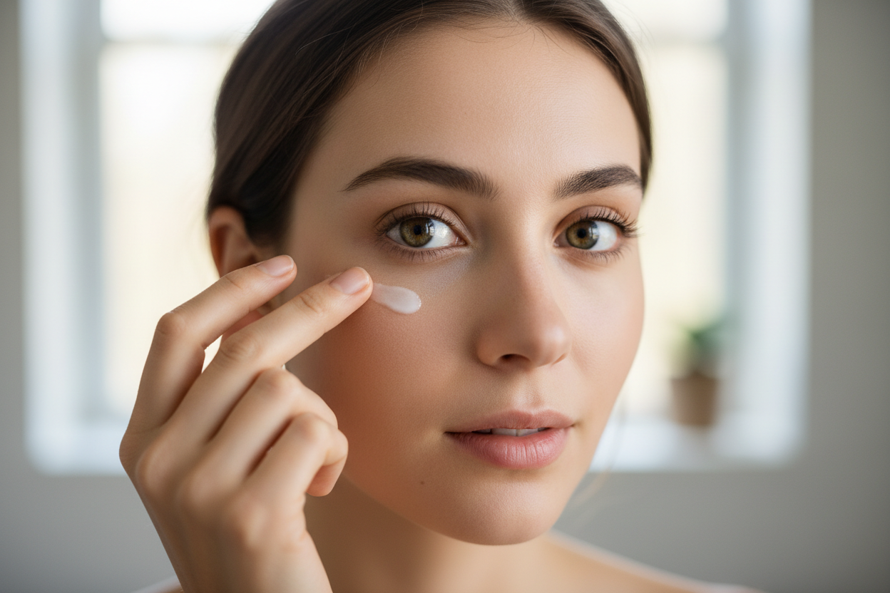 Woman with bright refreshed eyes applying eye cream