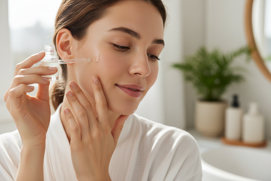 Woman with clear even skin tone using dark spot corrector